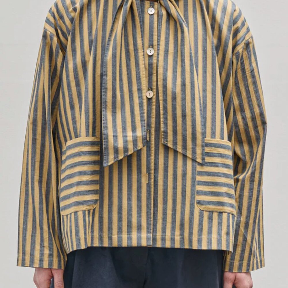 Cawley Studio Japanese Striped Cotton Dorothy Shirt in Mustard +  Navy, Medium